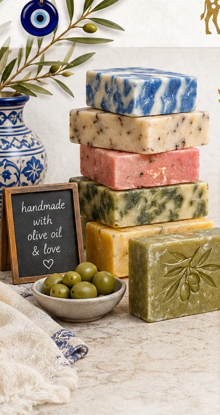 Colorful handmade olive oil soaps arranged with olives and a blue ceramic vase